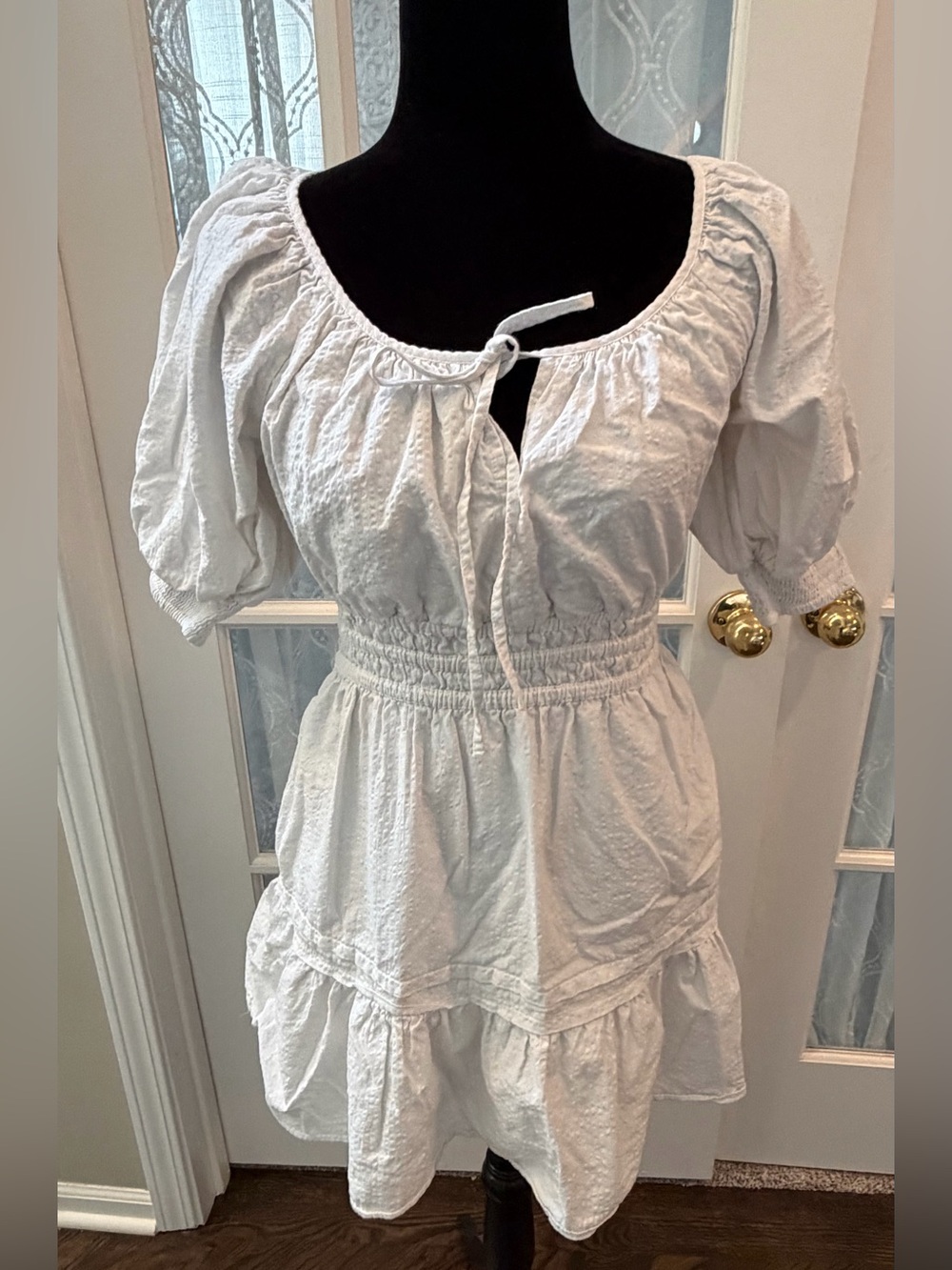 Anthropologie White Puff-Sleeve Peasant Dress